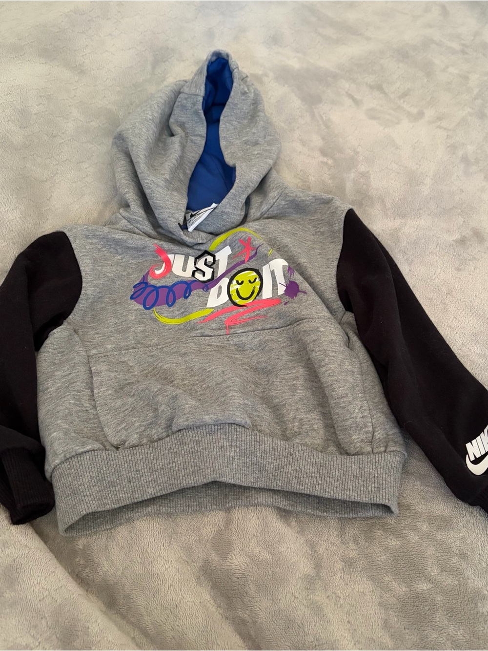 Nike Kids Grey Hoodie with Black Sleeves and Neon Graphic